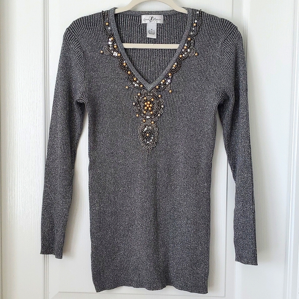Women's Gray metallic long-sleeve Beaded sweater - V-neck SIZE MEDIUM